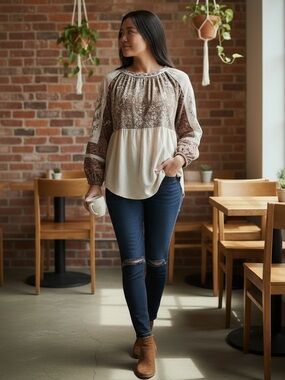 gimmicks by BKE Brown and Cream Patchwork Peasant Tunic